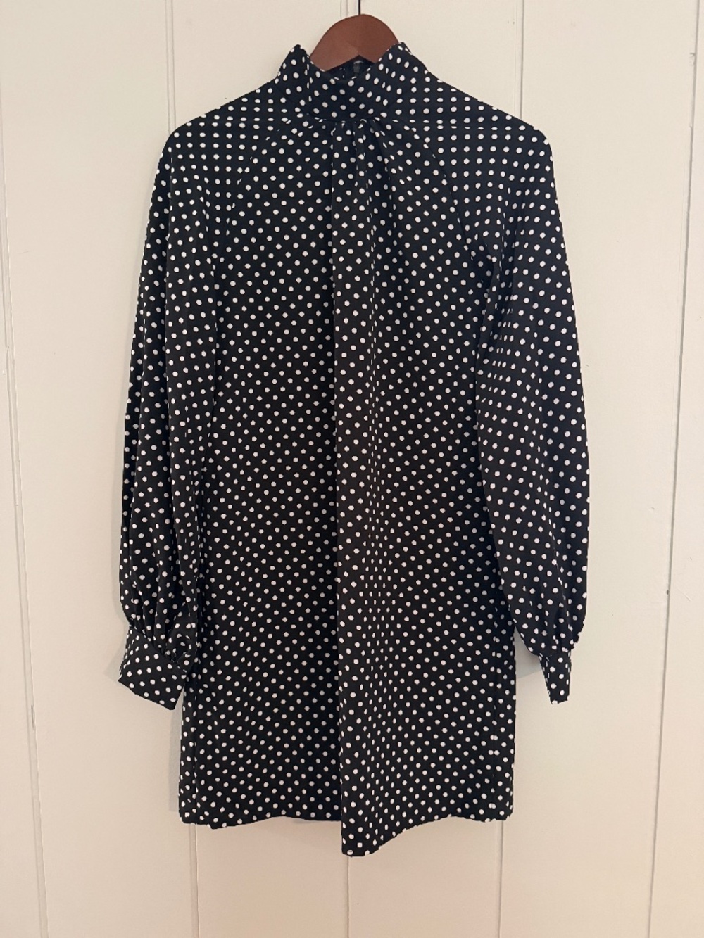 Black White Polka Dot Mini Dress S Balloon Sleeve Retro